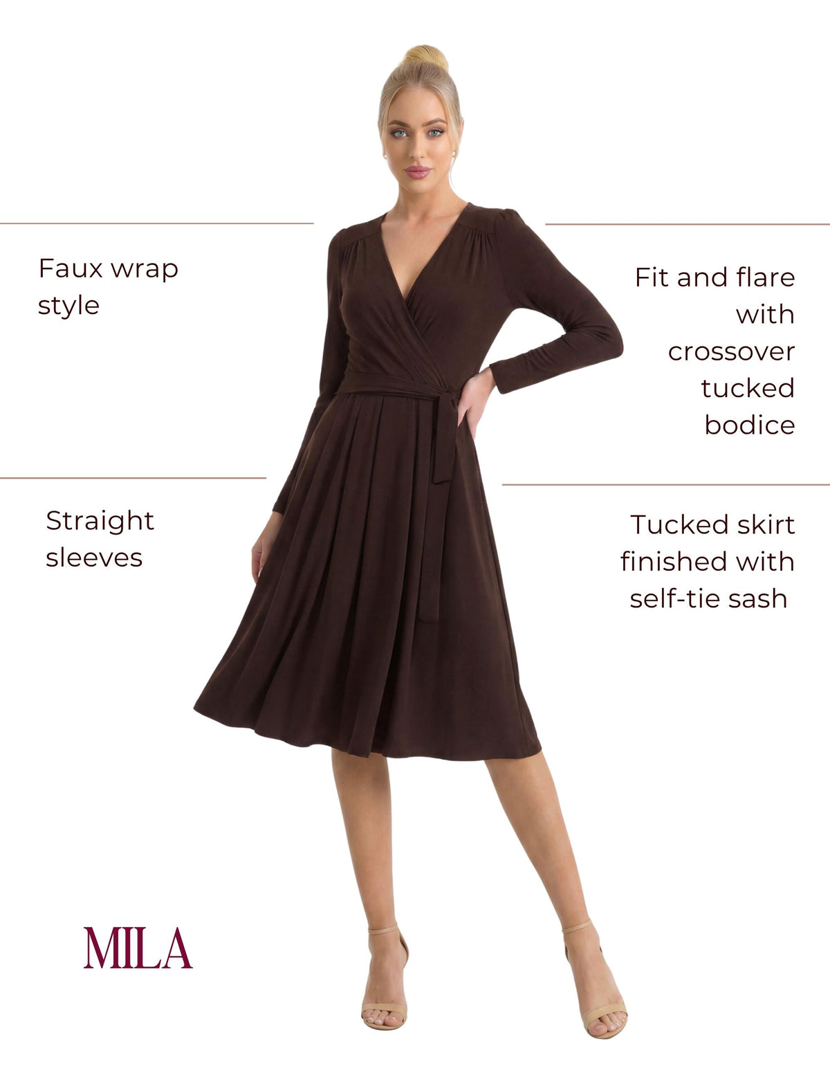 Mila Long Sleeve Pleated Faux Wrap Dress - Chocolate Brown