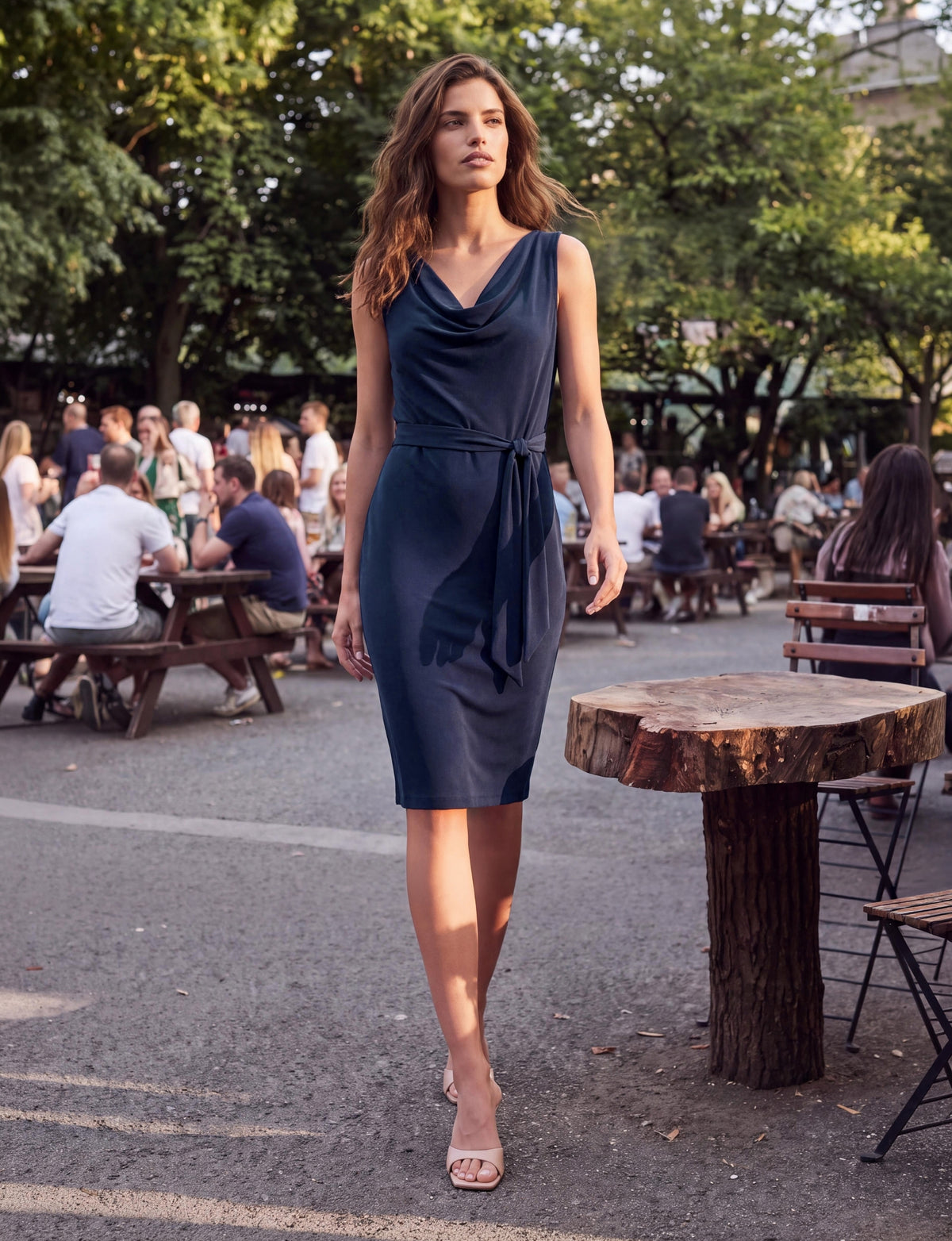 Alix Sleeveless Cowl Neck Belted Dress - Navy