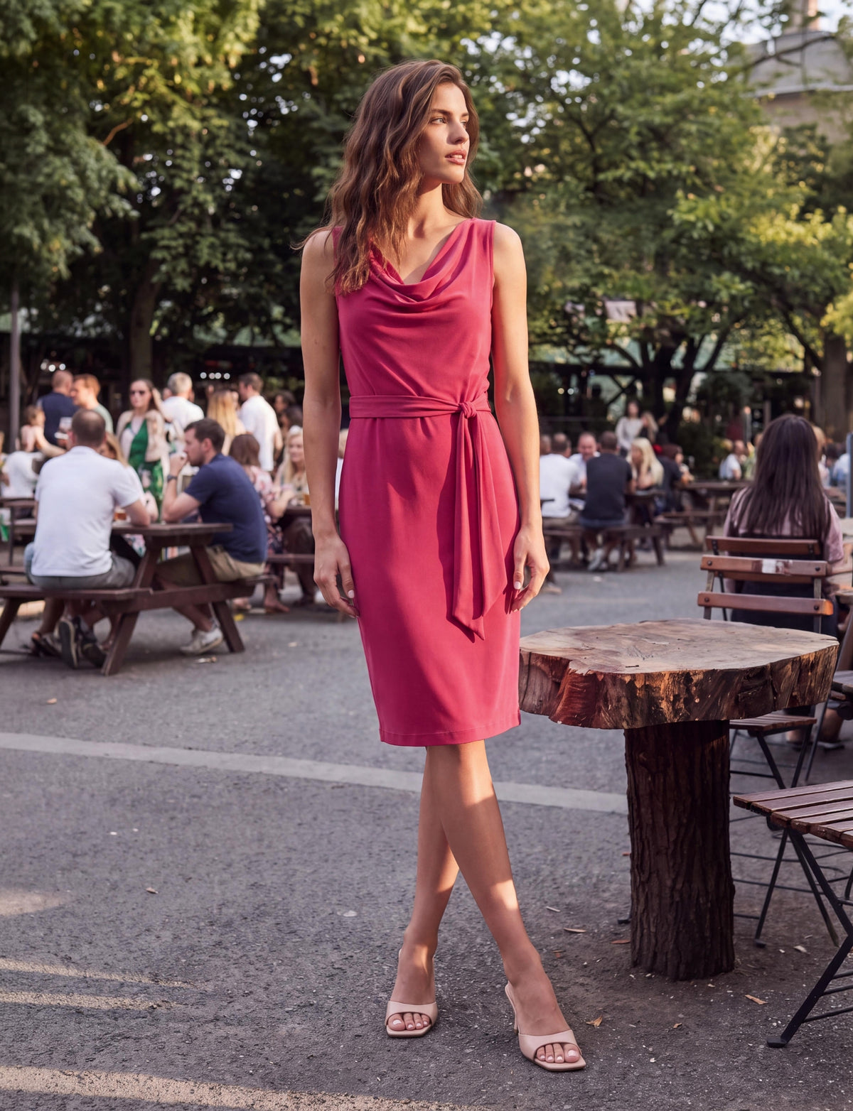 Alix Sleeveless Cowl Neck Belted Dress - Pink