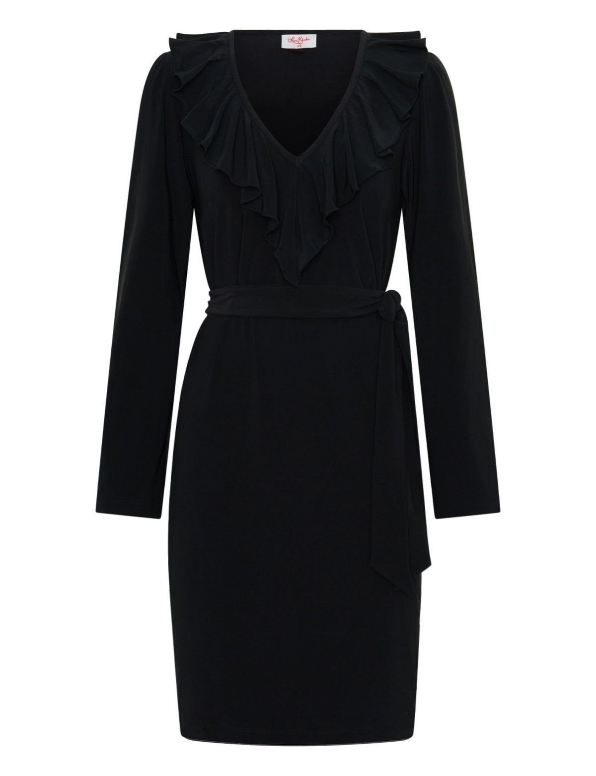Matilda V-Neck Ruffle Trim Jersey Shift Dress - Black