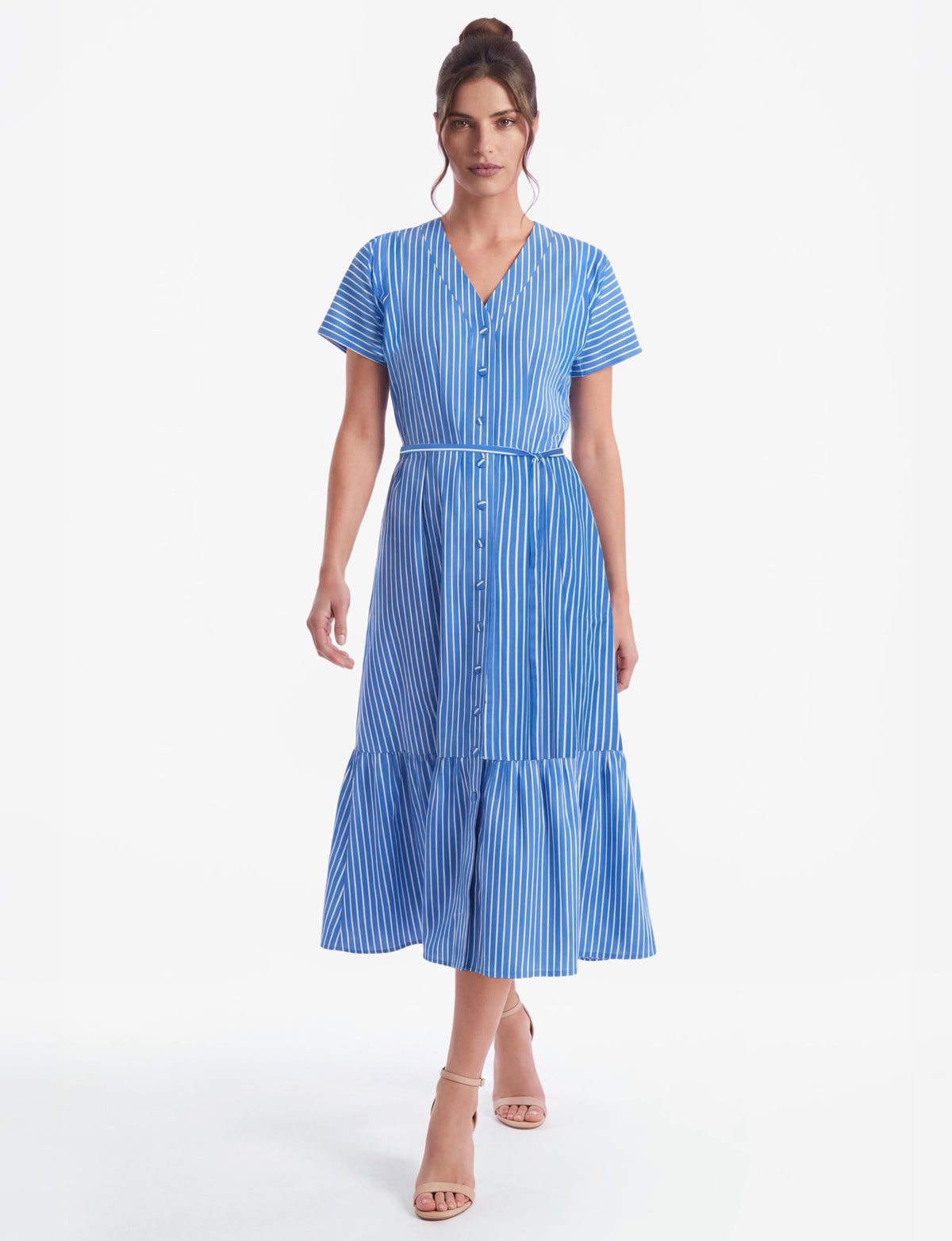 Candice V-Neck Button-Front Midi Dress - Nautical Stripe