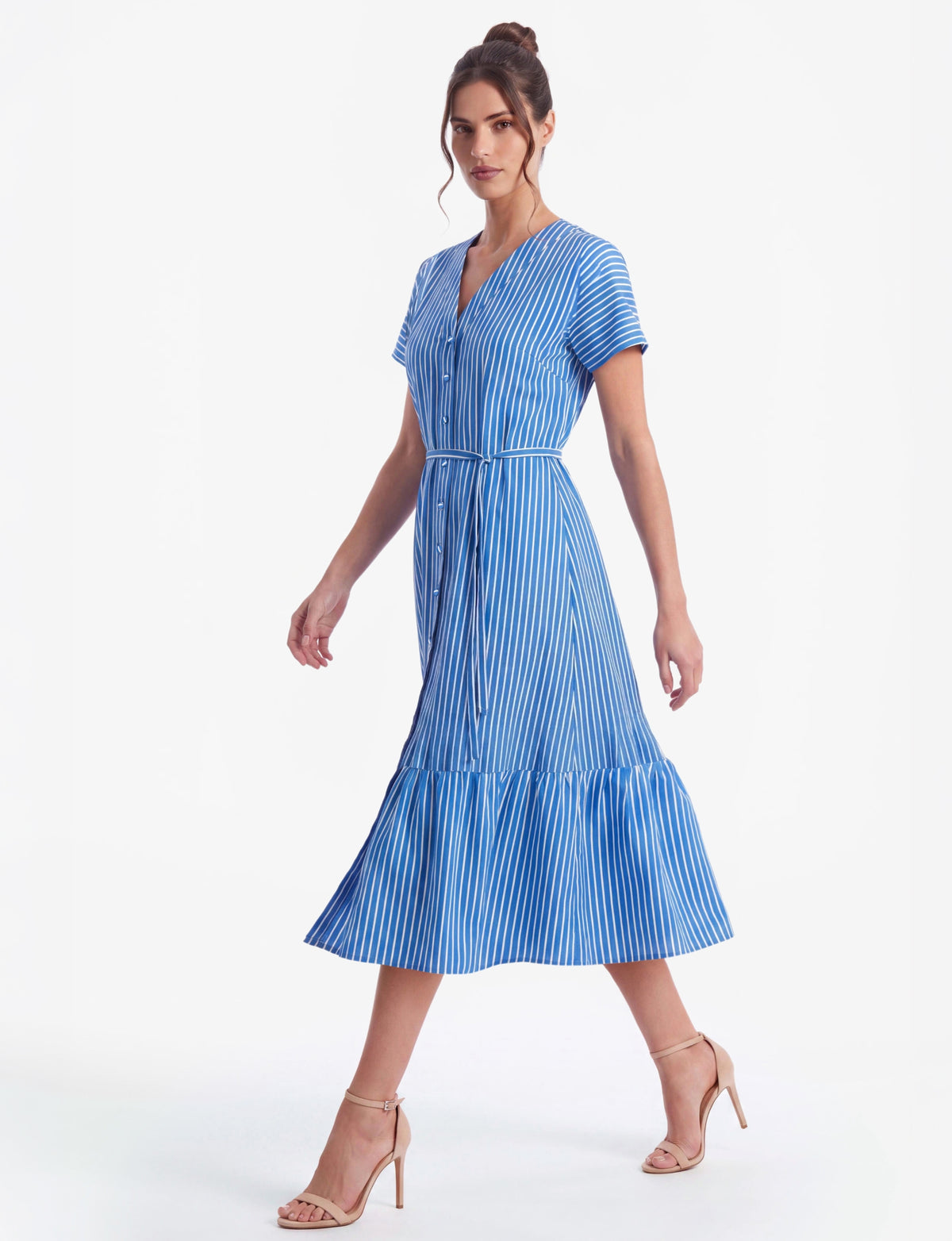 Candice V-Neck Button-Front Midi Dress - Nautical Stripe