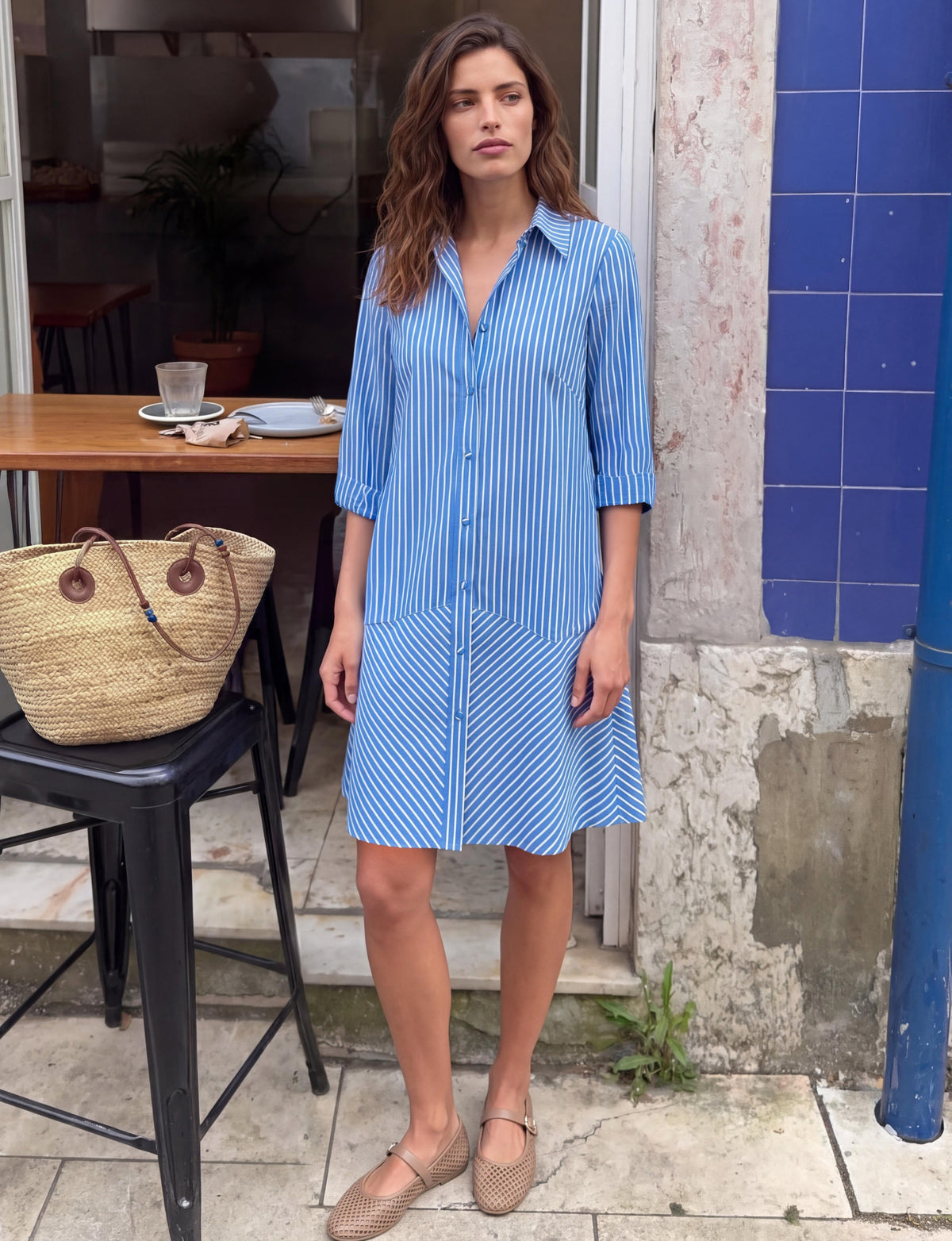 Lisa Cotton Collared Shirt Dress - Blue Stripe