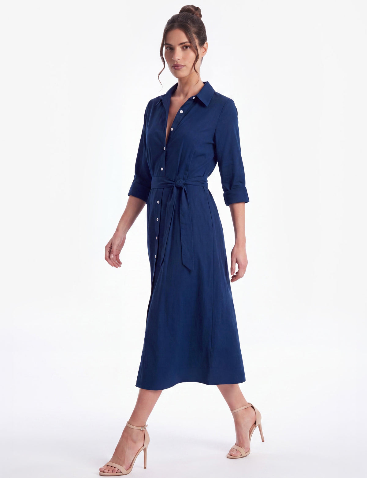 Deborah Collared Long Sleeve A-Line Shirt Dress - Navy