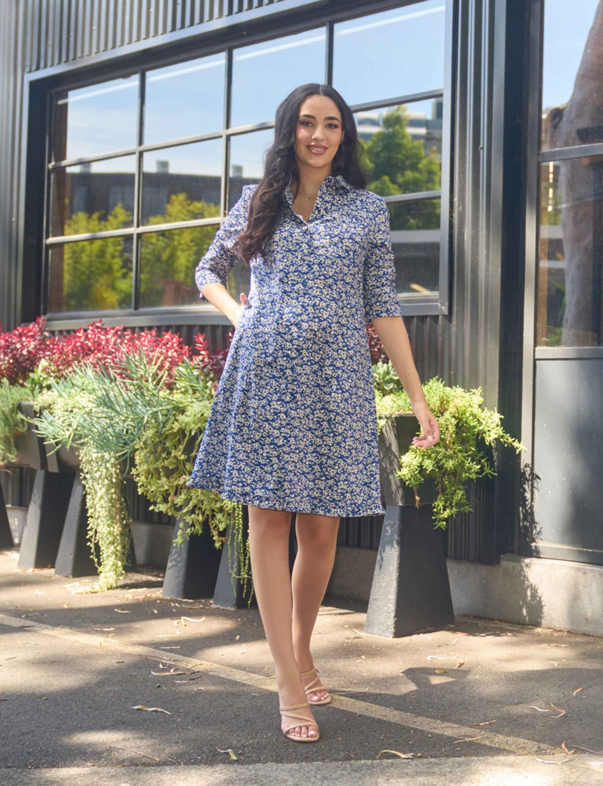 Diane 'Fleurs Marine' Long Sleeve Shirtdress