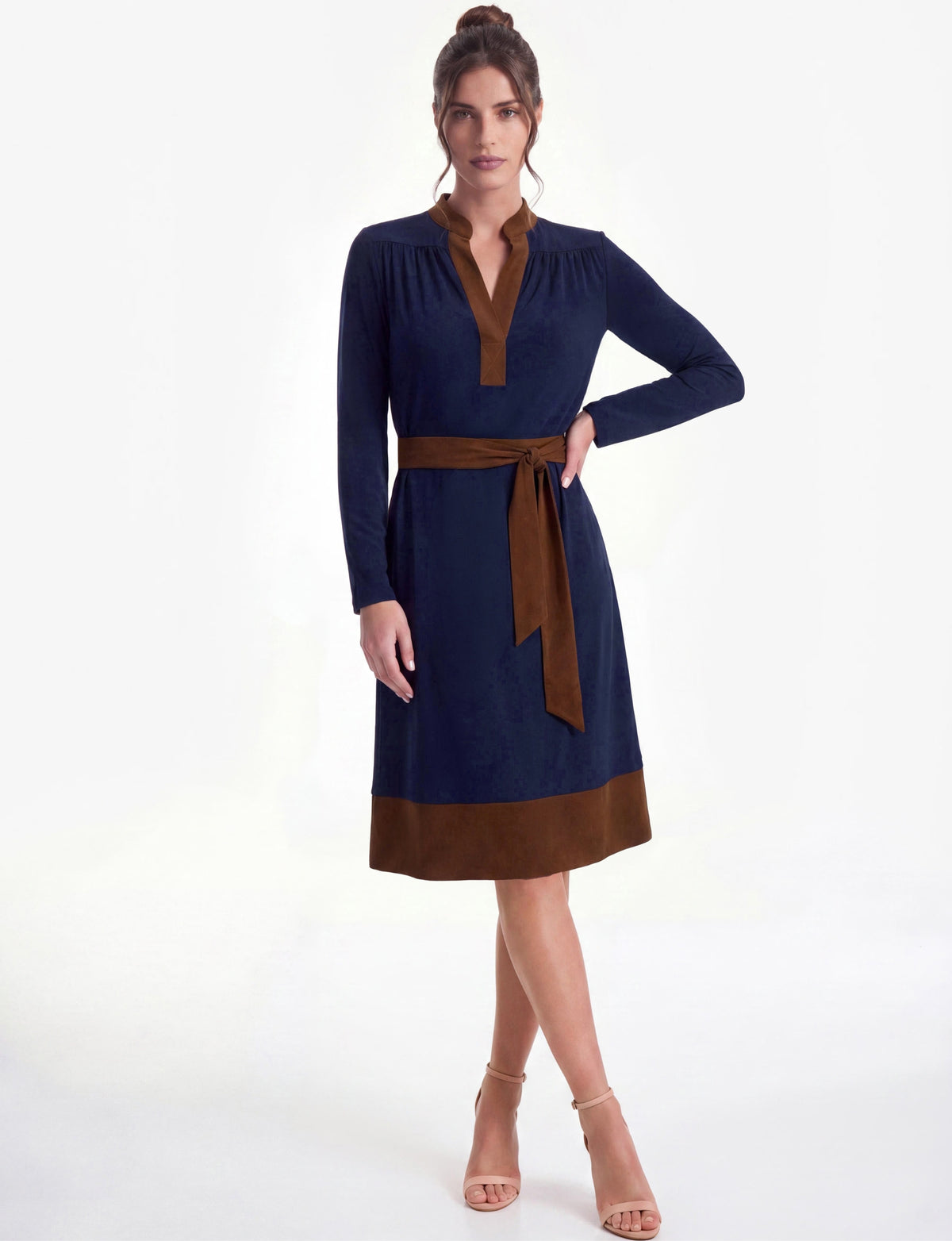 Liana V-Neck Contrast Jersey Shift Dress - Navy/Tan