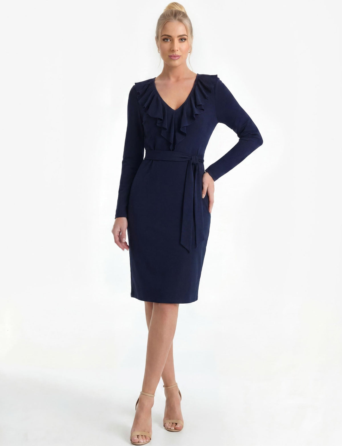 Matilda V-Neck Ruffle Trim Jersey Shift Dress - Navy