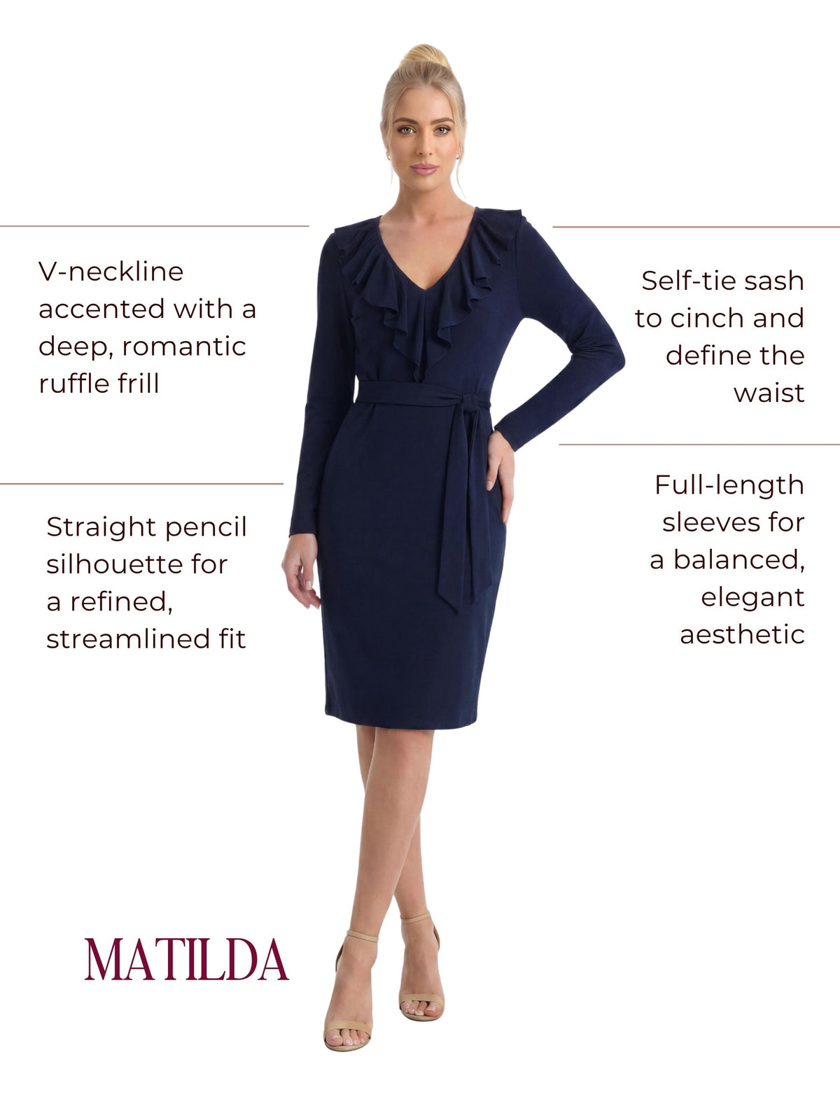 Matilda V-Neck Ruffle Trim Jersey Shift Dress - Navy