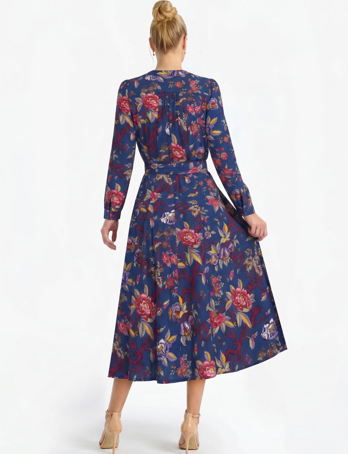 Fleur 'Pomegranate' Round Neck Long Sleeve Midi Dress