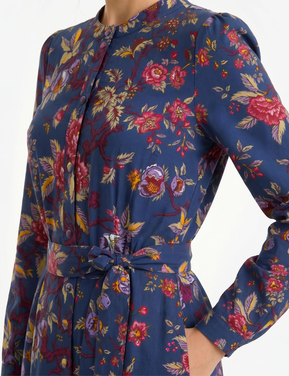 Fleur 'Pomegranate' Round Neck Long Sleeve Midi Dress