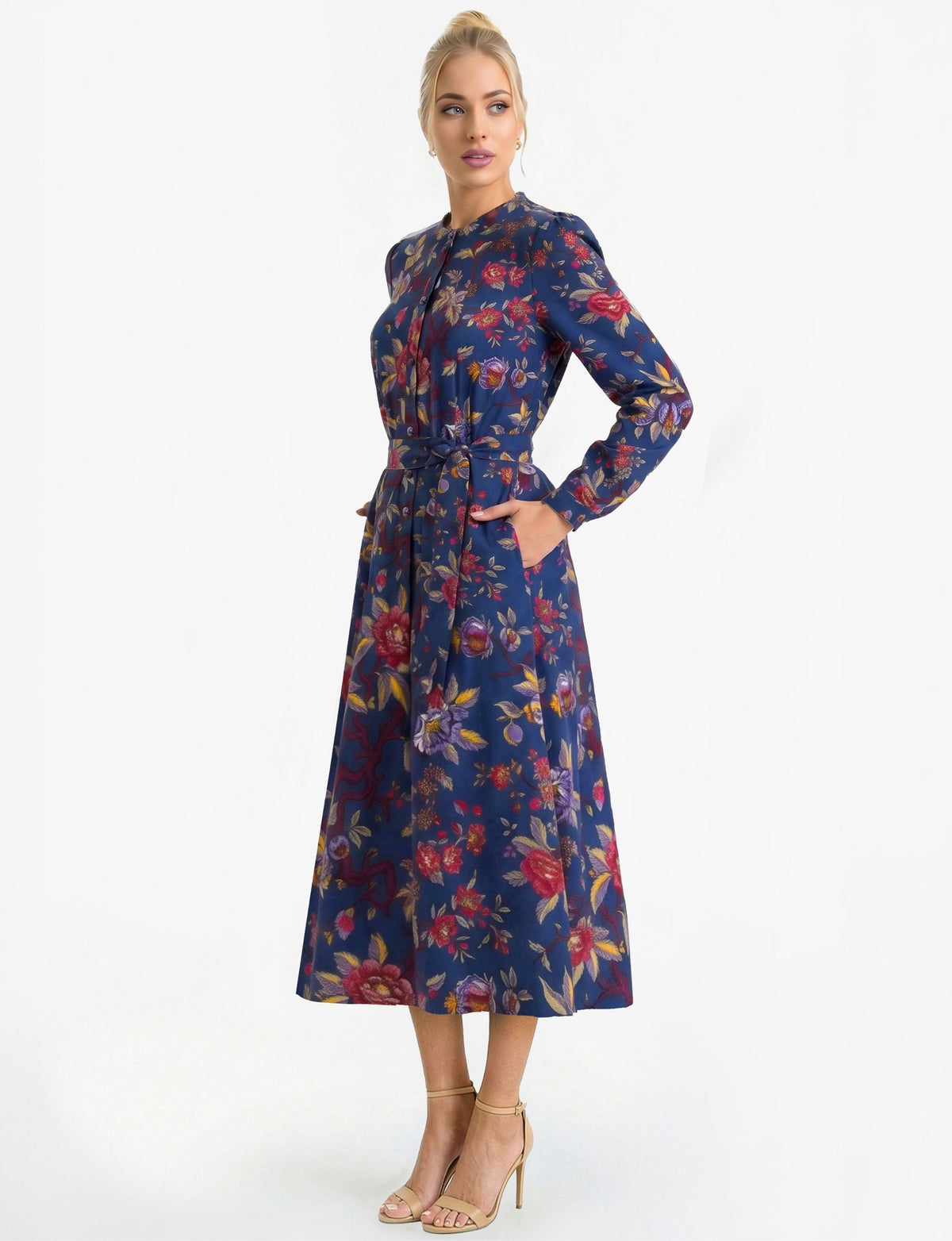 Fleur 'Pomegranate' Round Neck Long Sleeve Midi Dress