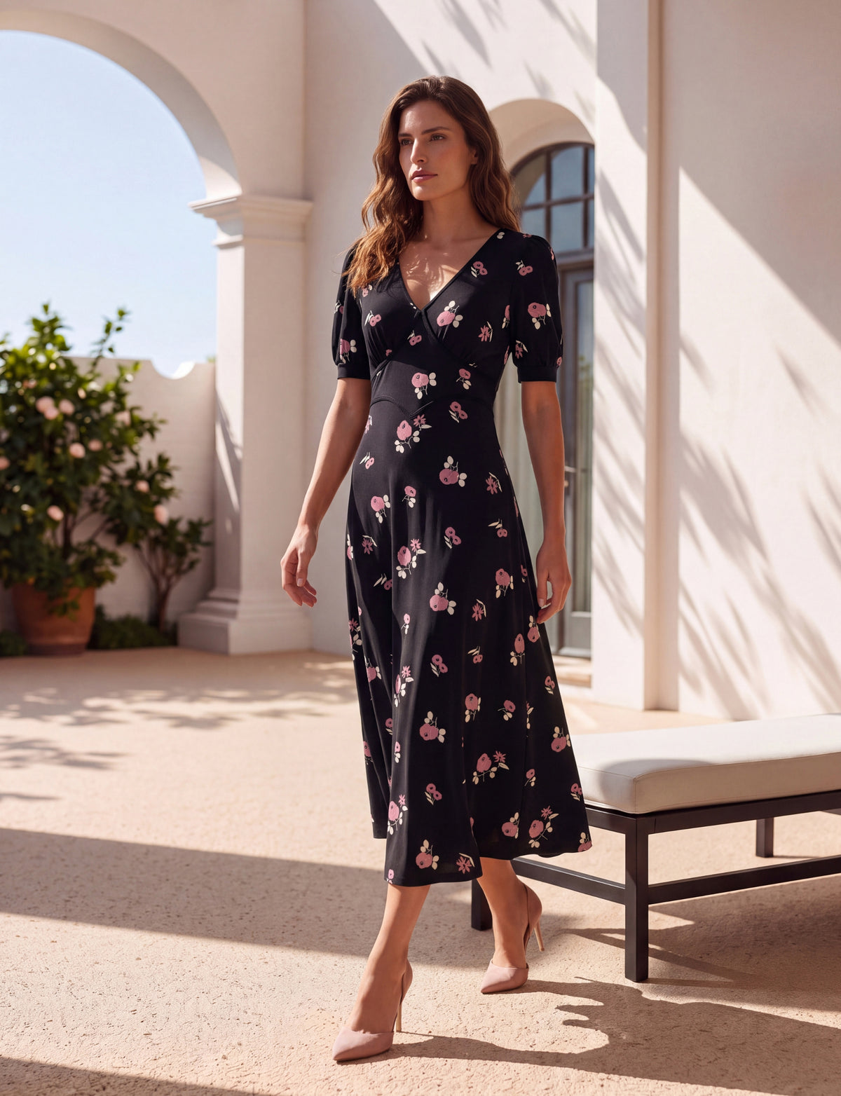 Christie 'Poppies & Friends' Empire Waist V-Neck Jersey Midi Dress