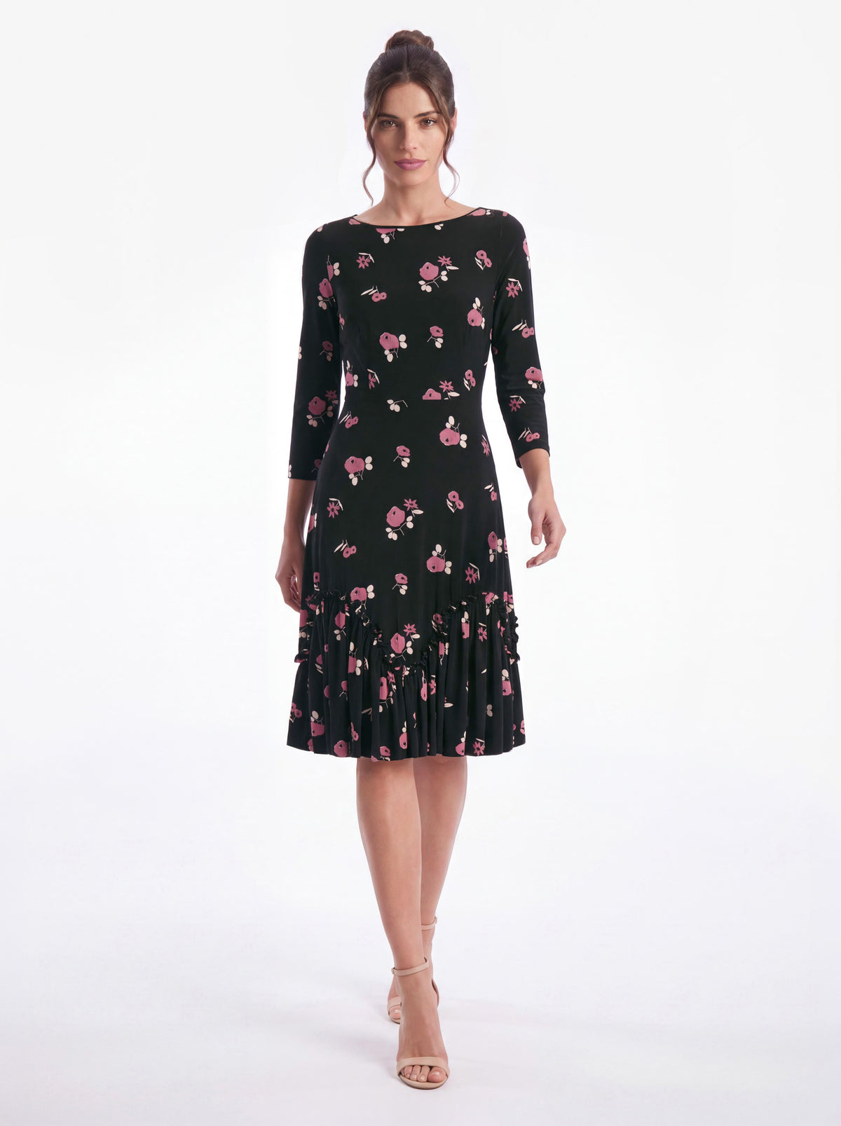 Lillika 'Poppies & Friends' 3/4 Sleeve Ruffle Jersey Midi Dress