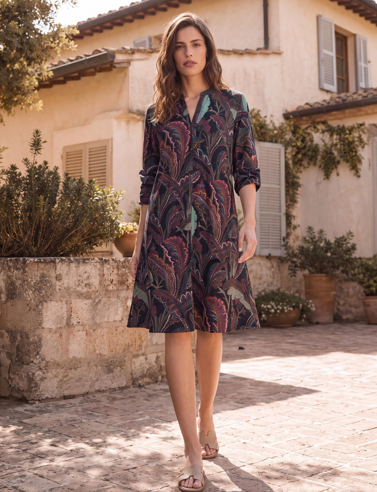 Ivy 'Rain Forest' Collared Button-Front Midi Shirt Dress