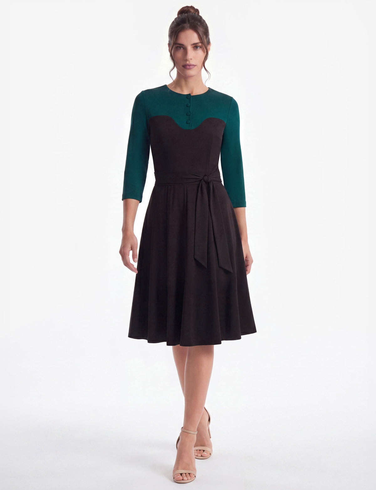 Alessandra Button Yoke Contrast A-Line Dress - Chocolate/Teal
