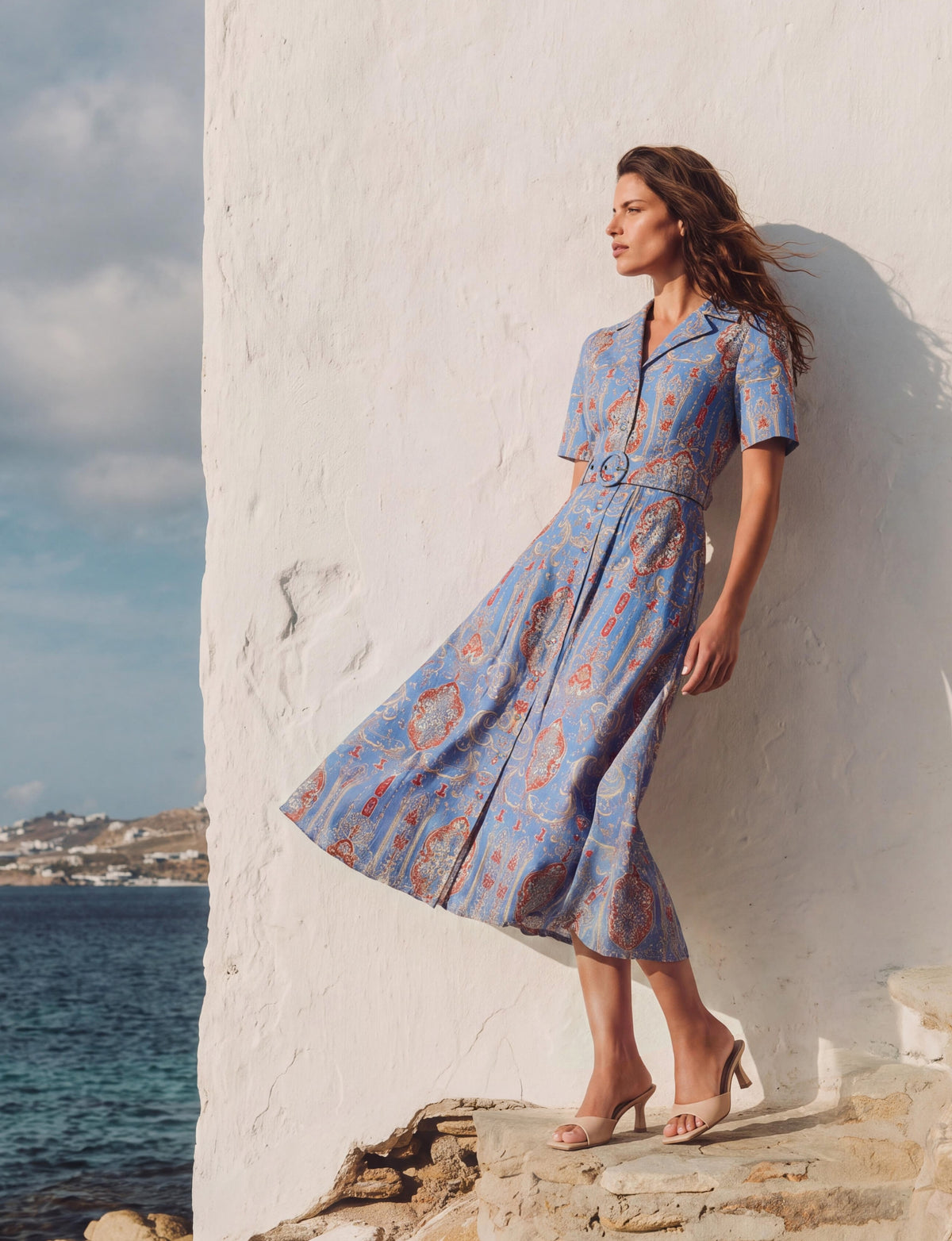 Elena 'Venetian Affair' Belted Midi Shirt Dress