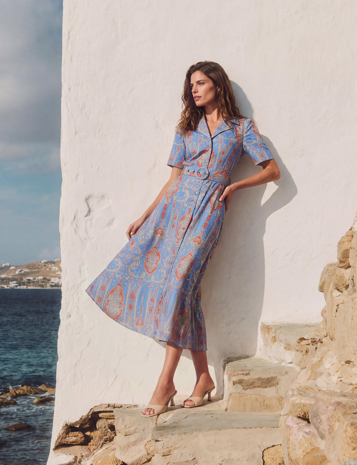 Elena 'Venetian Affair' Belted Midi Shirt Dress