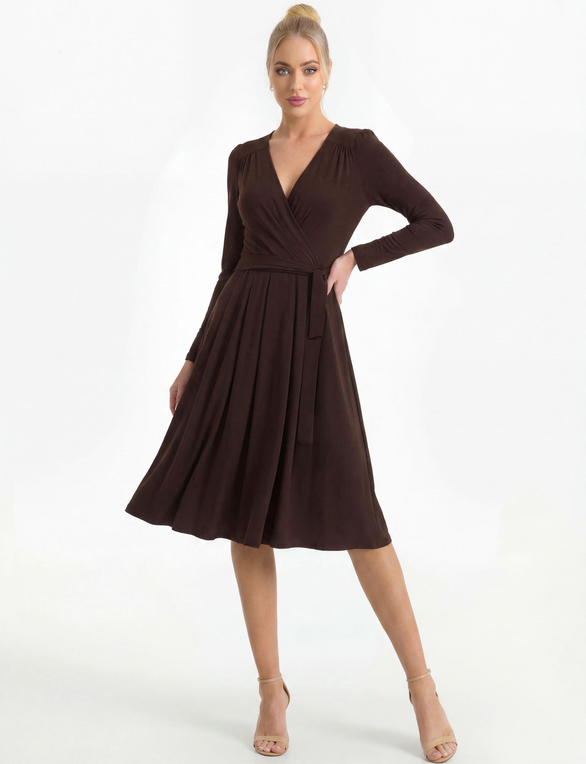 Mila Long Sleeve Pleated Faux Wrap Dress - Chocolate Brown
