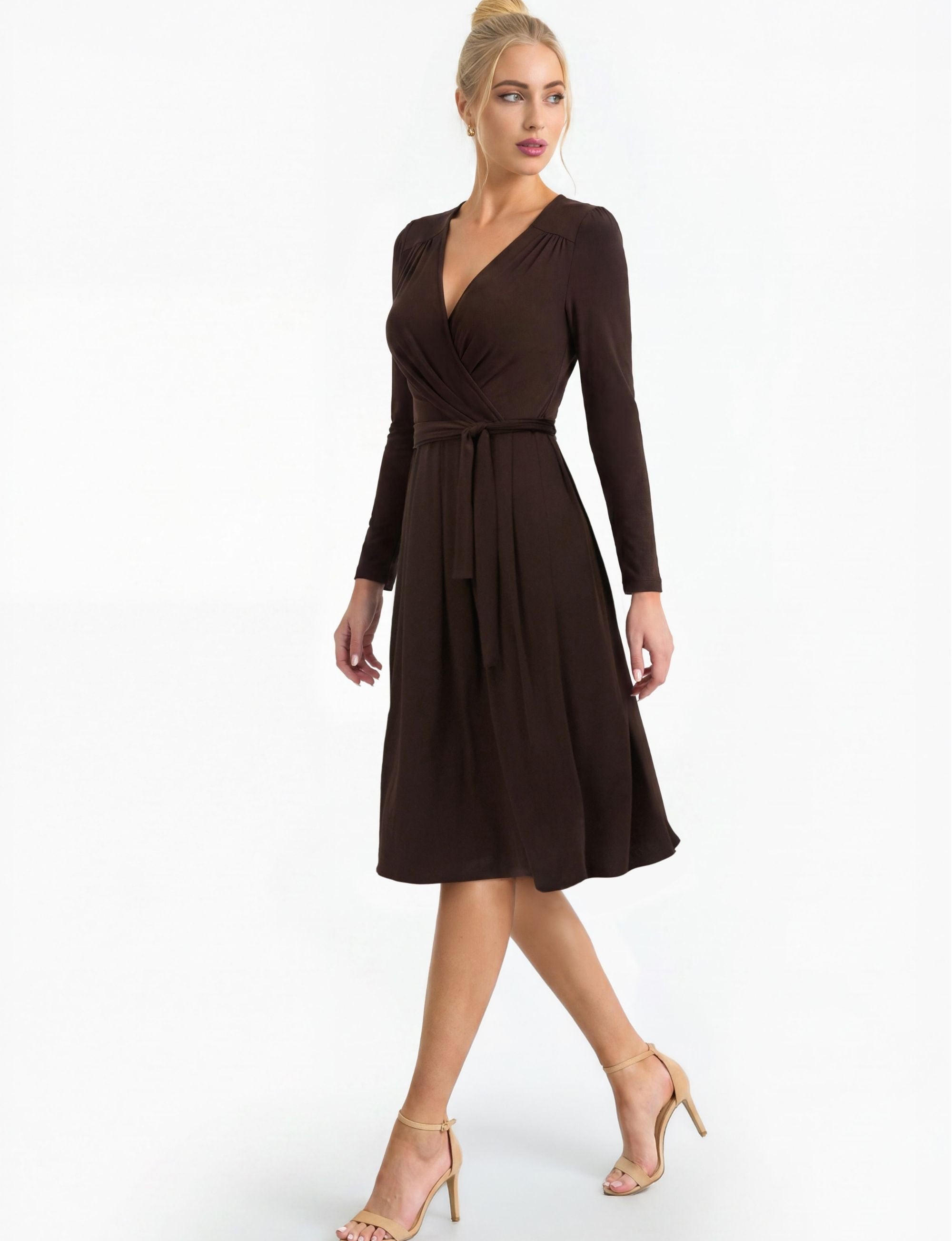 Mila Long Sleeve Pleated Faux Wrap Dress - Chocolate Brown
