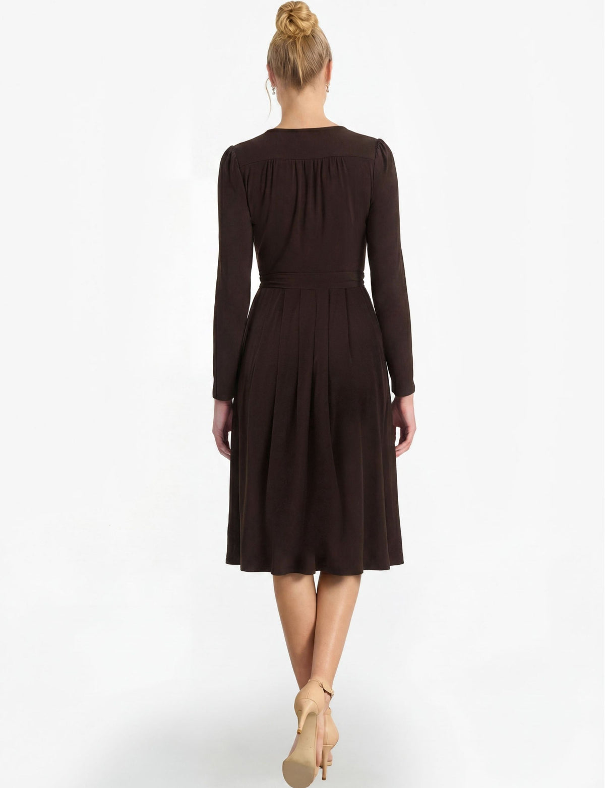 Mila Long Sleeve Pleated Faux Wrap Dress - Chocolate Brown