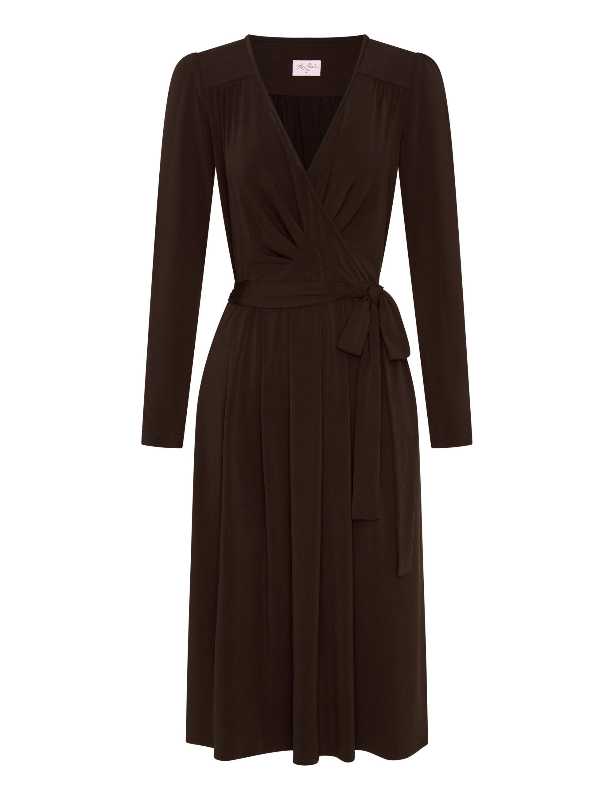 Mila Long Sleeve Pleated Faux Wrap Dress - Chocolate Brown