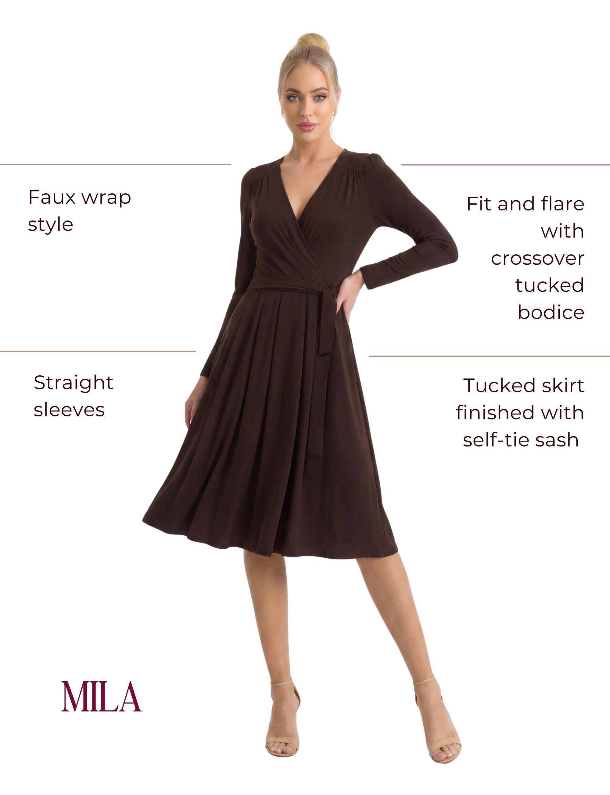 Mila Long Sleeve Pleated Faux Wrap Dress - Chocolate Brown
