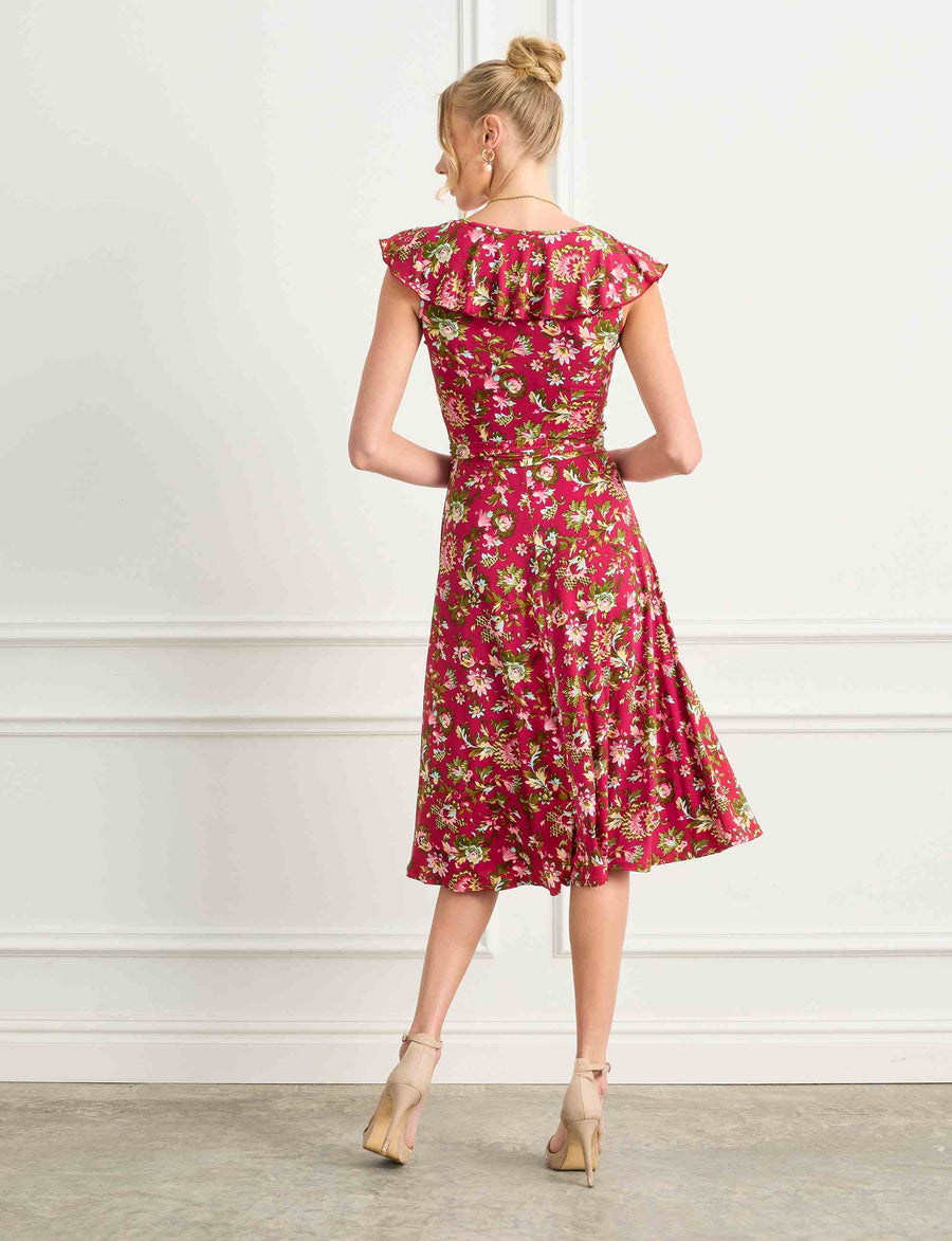 Isabelle 'Red Rococo' Faux Wrap Midi dress