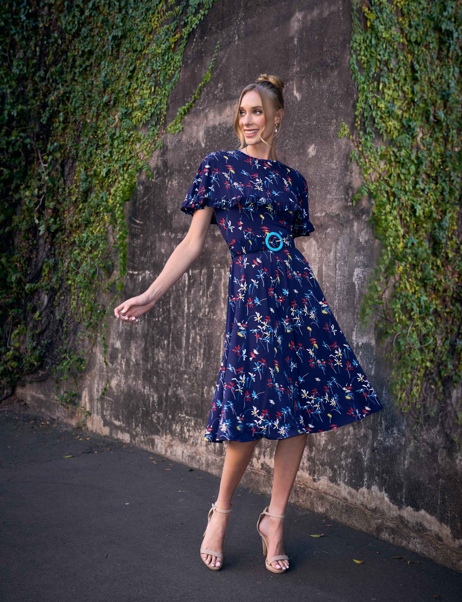 Lucie 'Dashing Daisies' Knee Length Dress with Cape