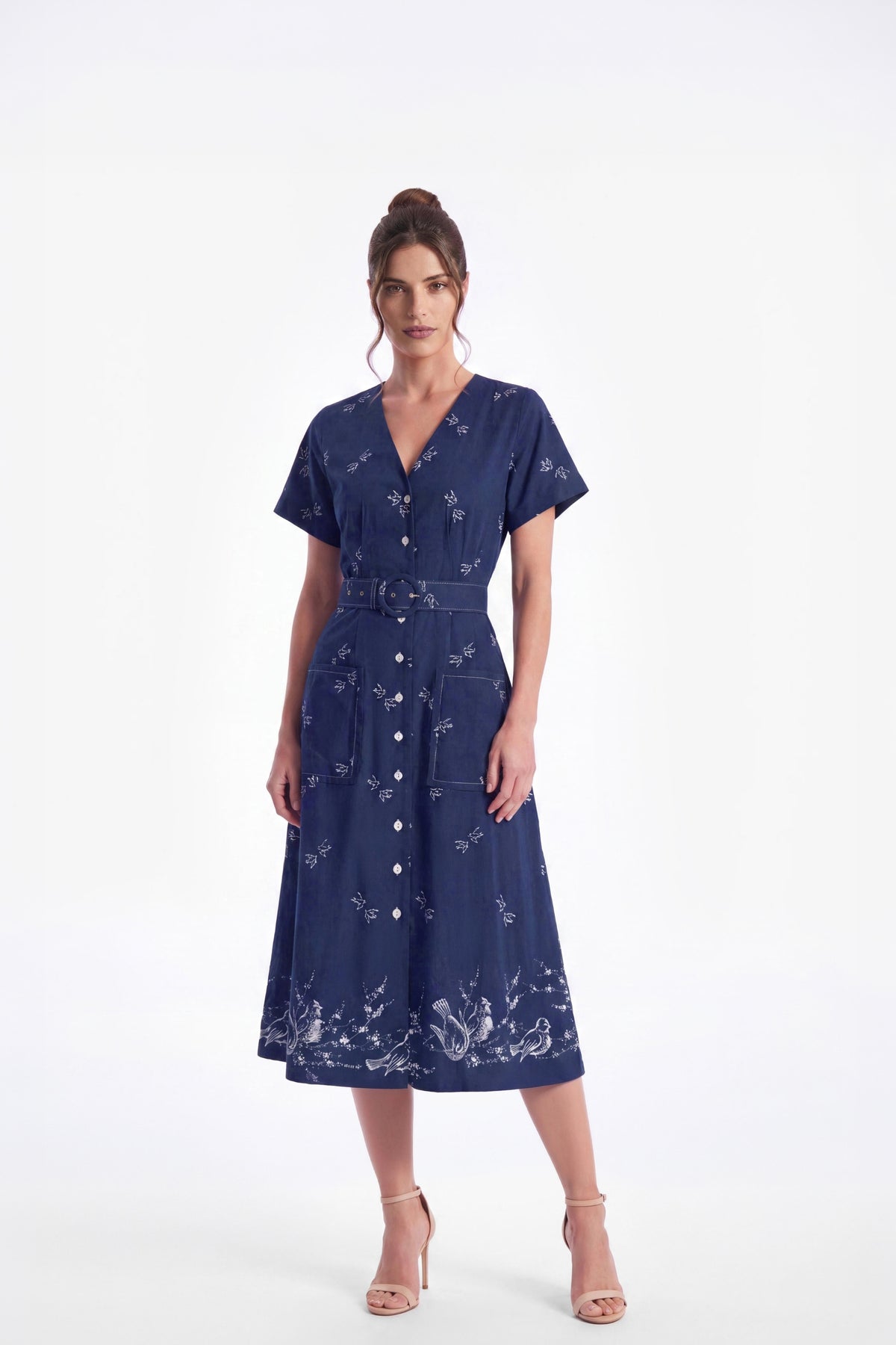 Monique Cotton V-Neck Button-Through Midi Dress 'Bird Song'