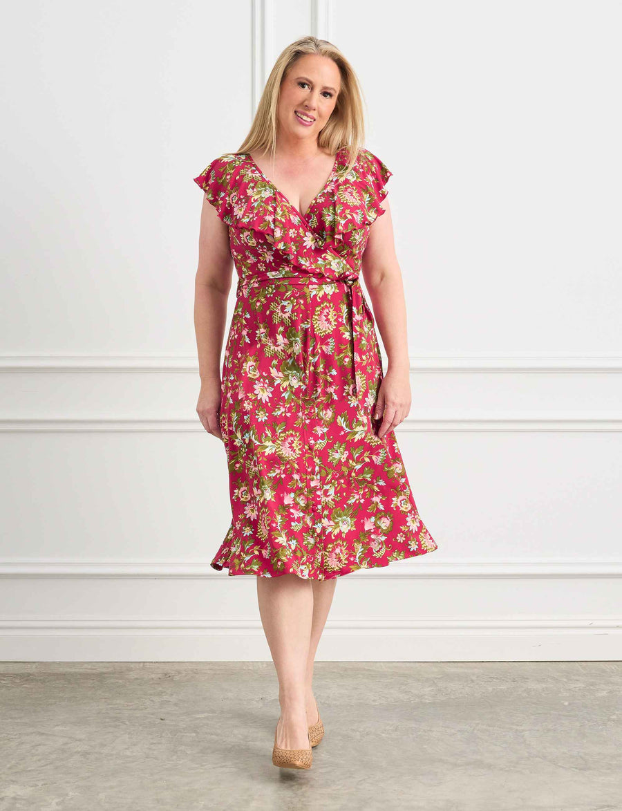 Isabelle 'Red Rococo' Faux Wrap Midi dress