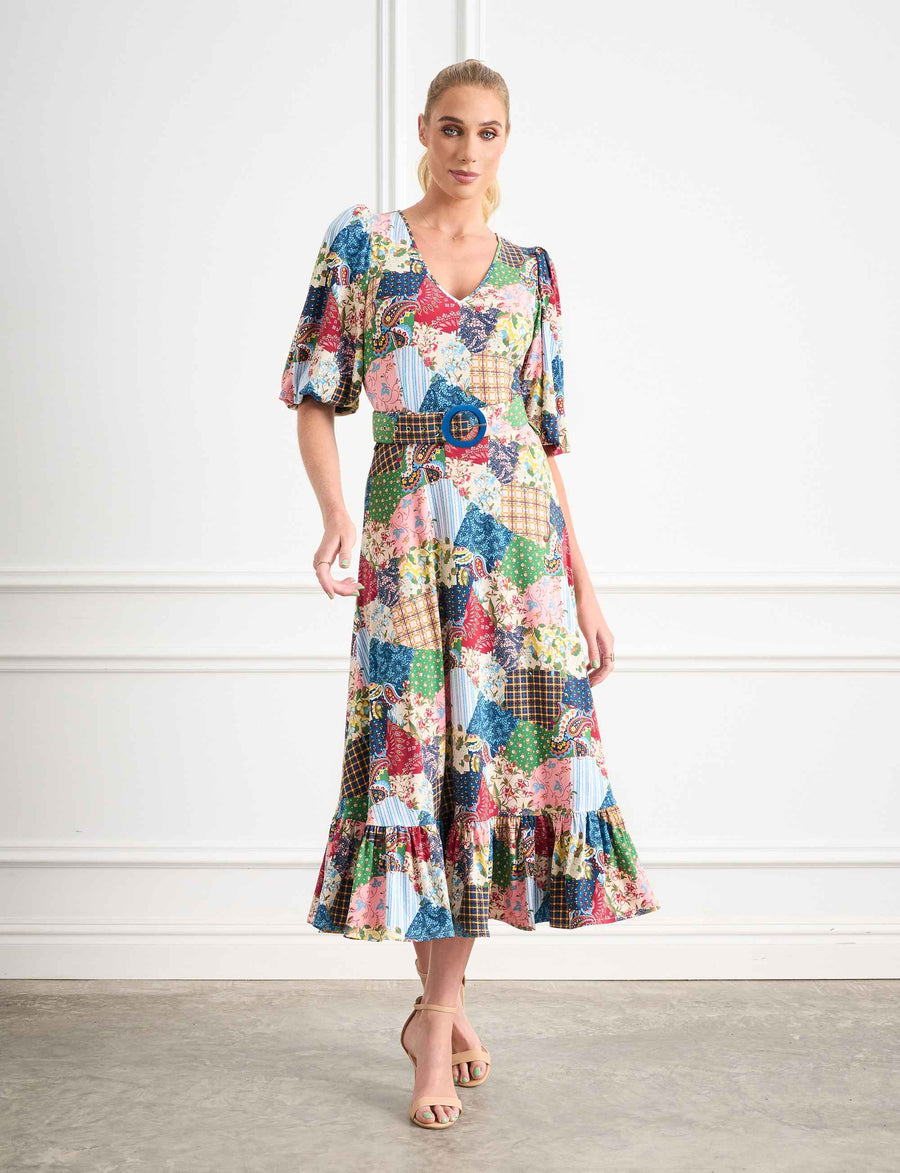ORIGINAL SAMPLE   Pay 'Paisley Patchwork' Fit and Flare Belted Midi Dress FINAL SALE