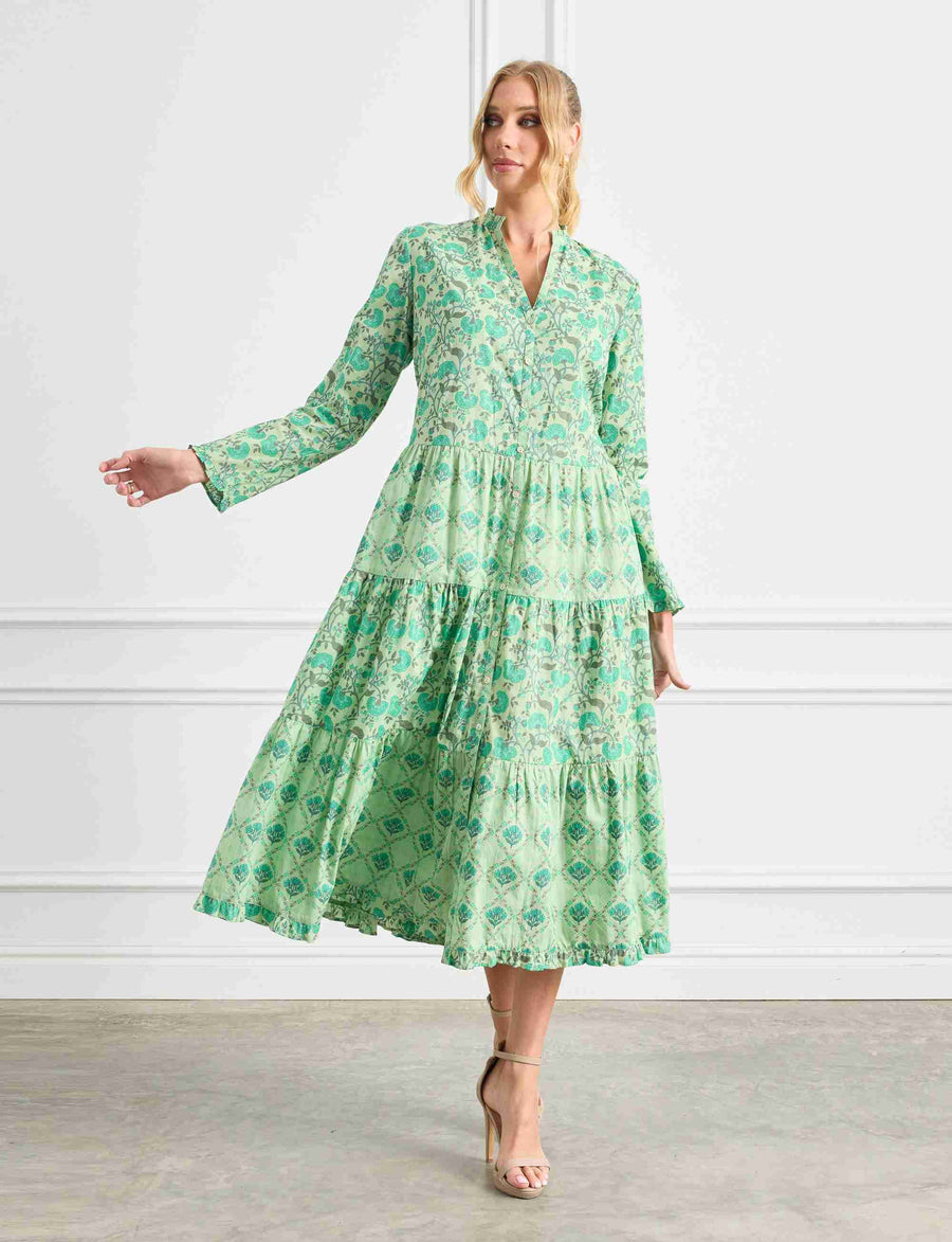 Athena 'Peacock' Midi Tiered Shirtdress