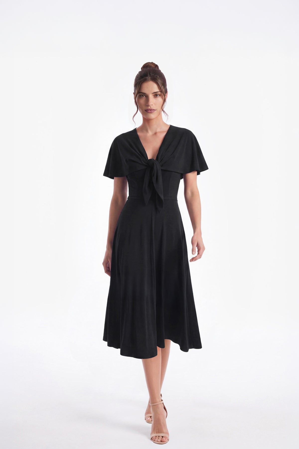 Carly Short Sleeve Cape Overlay Midi Dress - Black