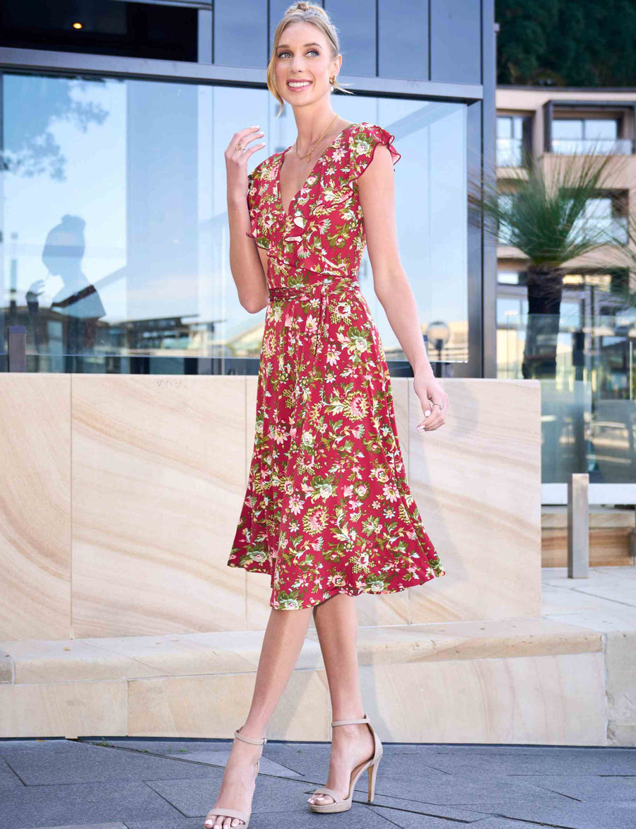 Isabelle 'Red Rococo' Faux Wrap Midi dress