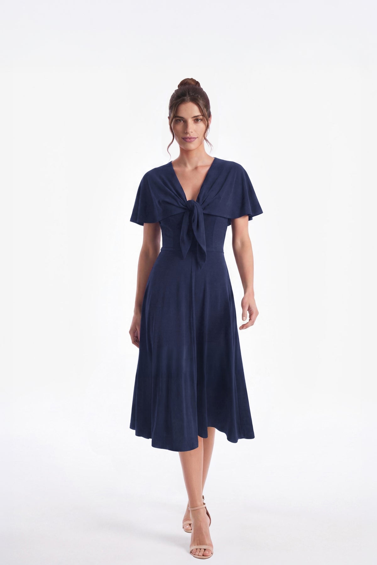Carly Short Sleeve Cape Overlay Midi Dress - Navy