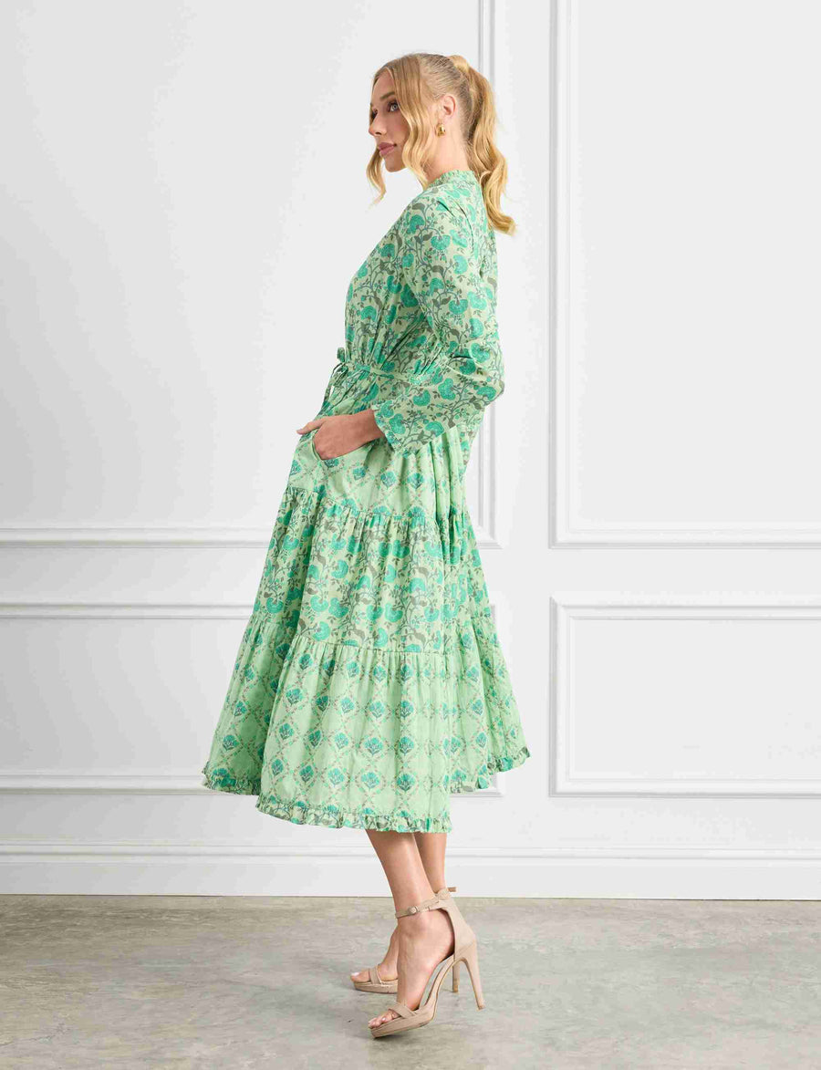 Athena 'Peacock' Midi Tiered Shirtdress
