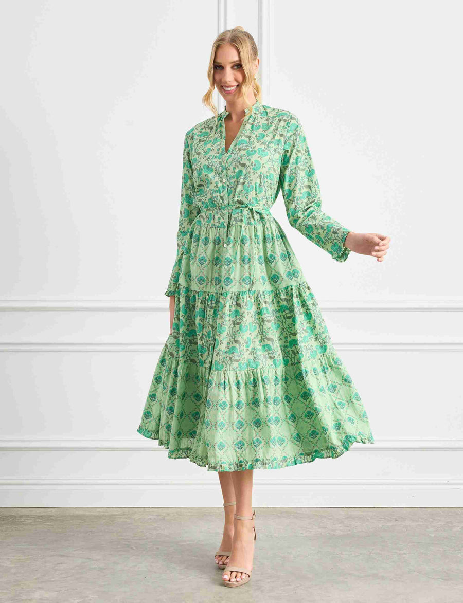 Athena 'Peacock' Midi Tiered Shirtdress