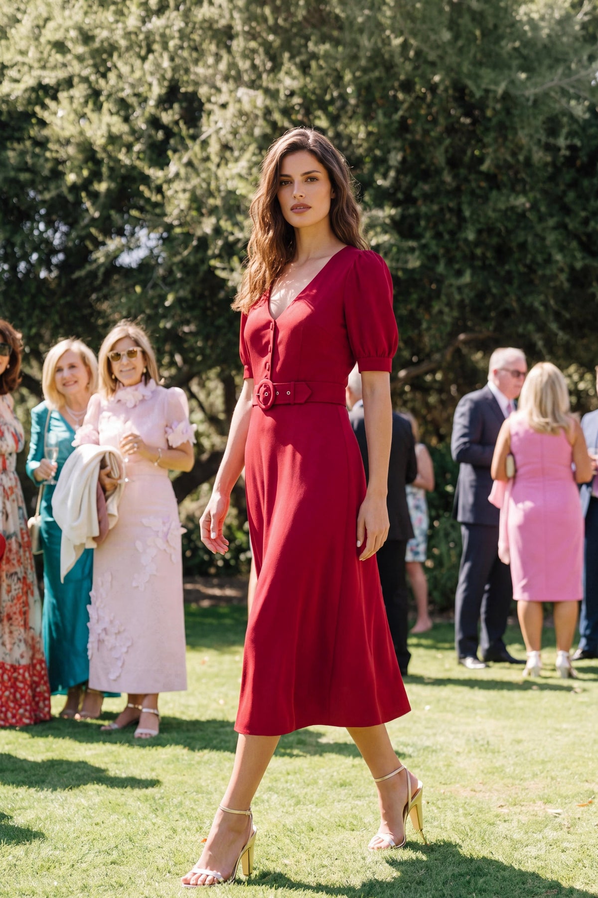 Daisy Button-Front Belted Midi Dress - Red