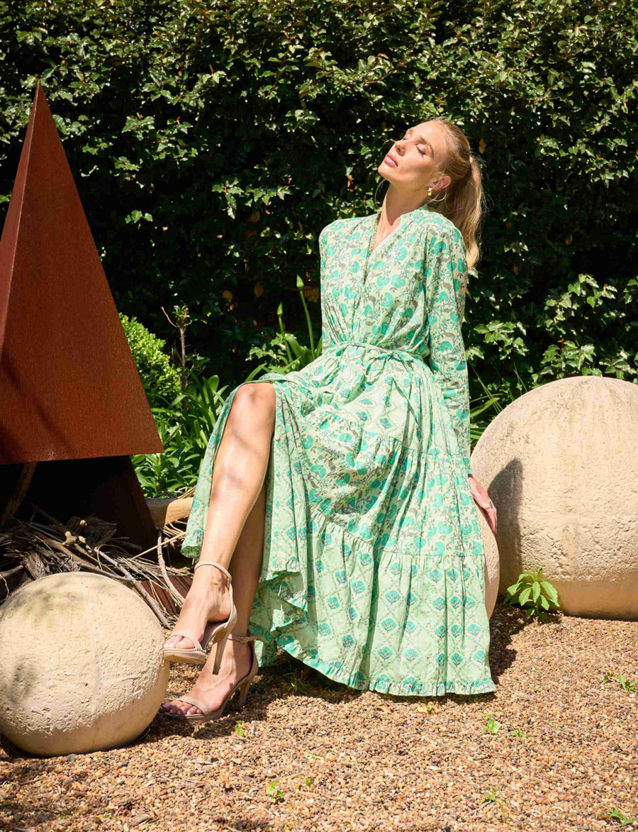 Athena 'Peacock' Midi Tiered Shirtdress