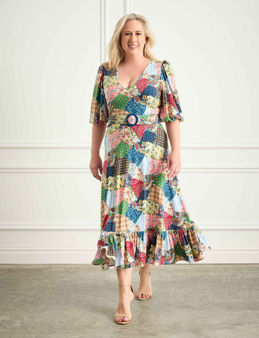 Pay 'Paisley Patchwork' Fit and Flare Belted Midi Dress