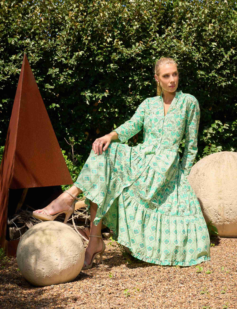 Athena 'Peacock' Midi Tiered Shirtdress