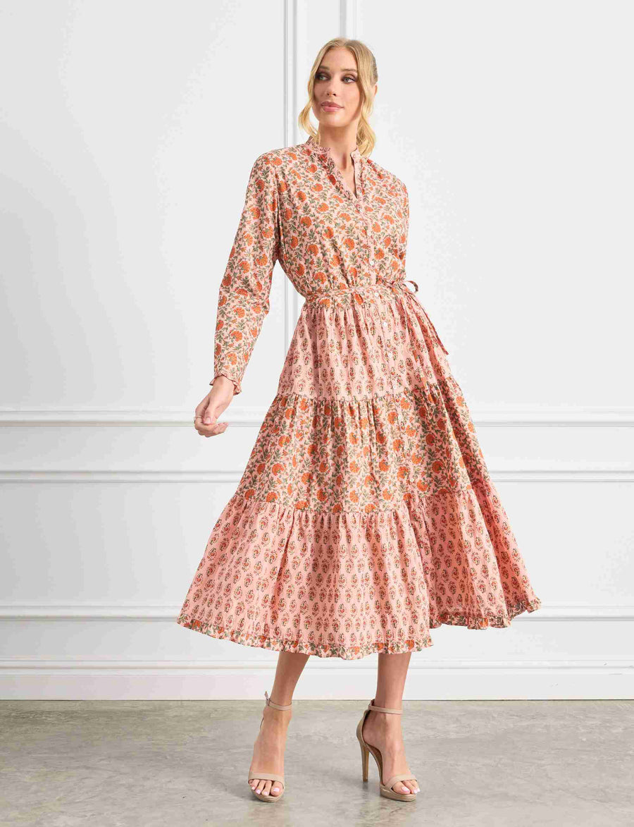 Athena 'Apricot Delight' Midi Tiered Shirtdress