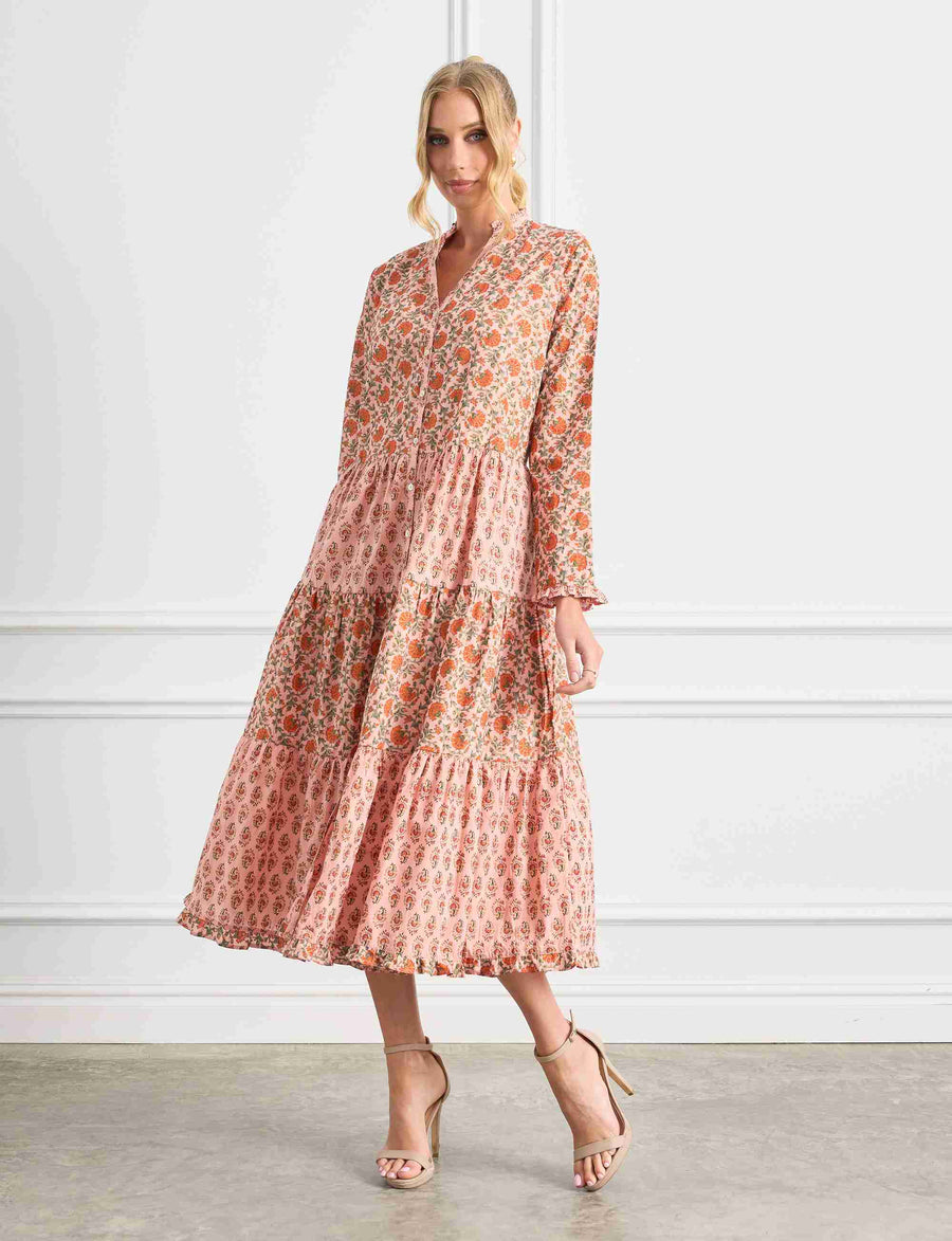 Athena 'Apricot Delight' Midi Tiered Shirtdress