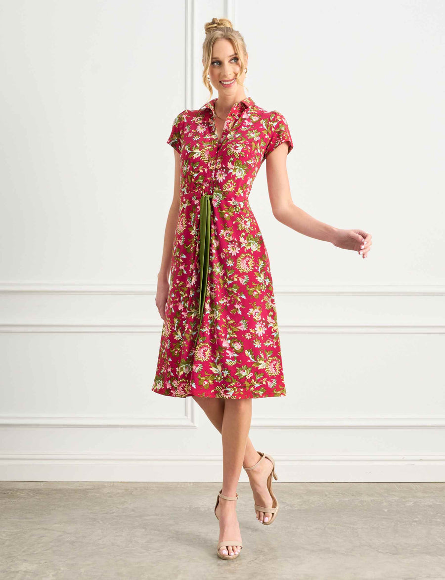 Brigitte 'Red Rococo' Shirtdress with Contrast Tie