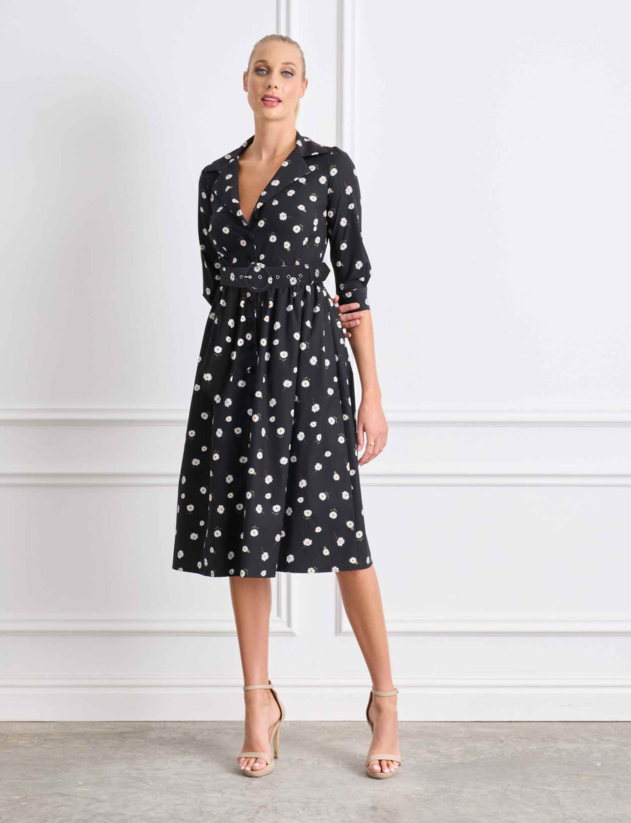 Carrie 'Black Daisy' Knee Length Belted Shirtdress