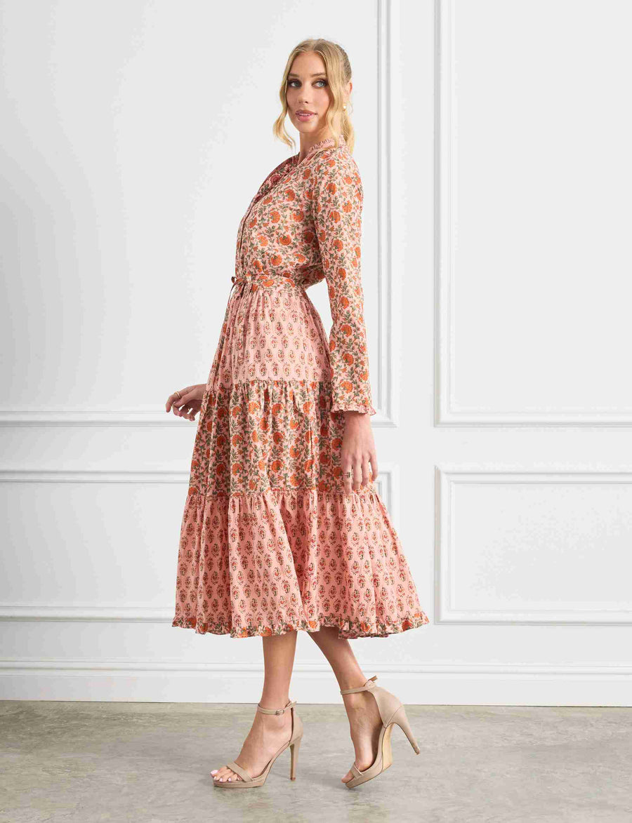 Athena 'Apricot Delight' Midi Tiered Shirtdress