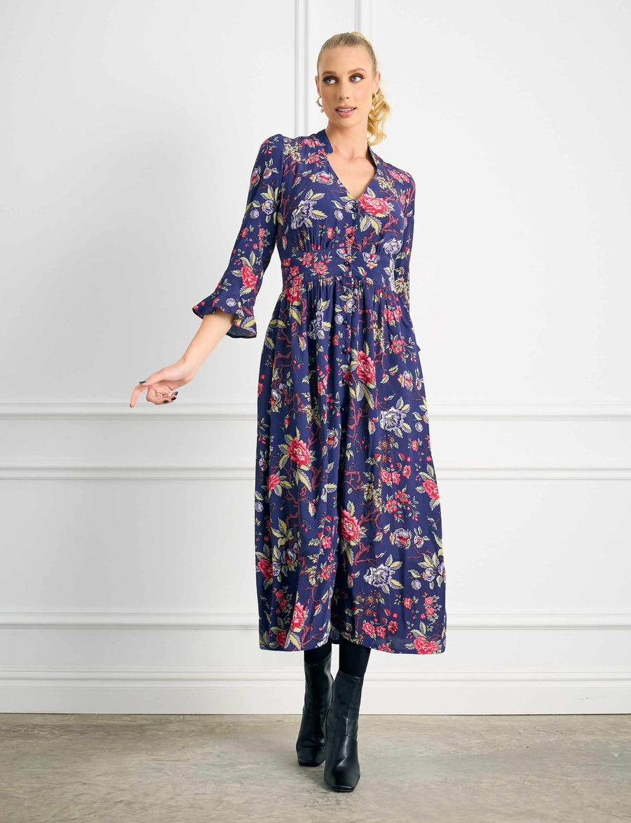 Grace 'Pomegranate' Shirt Front Midi Dress