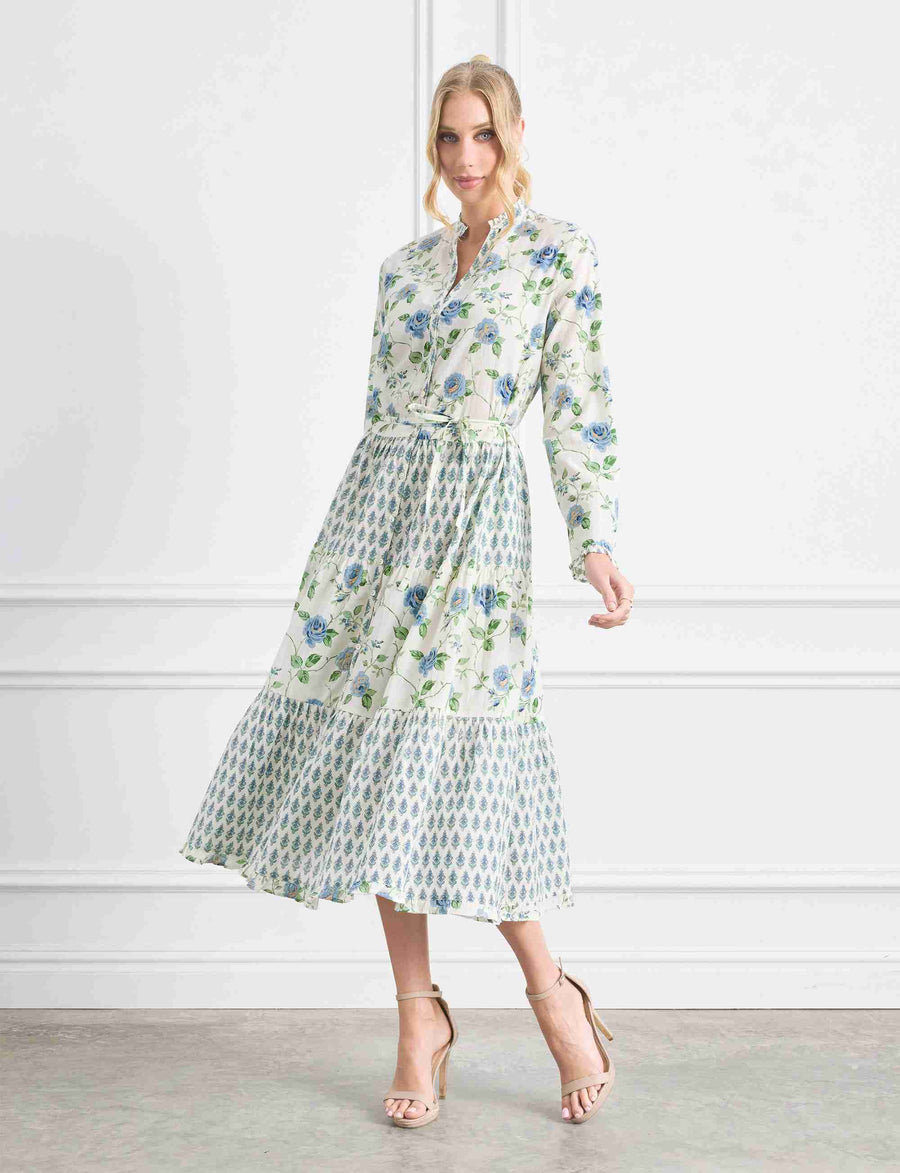 Athena 'Blue Rose' Midi Tiered Shirtdress
