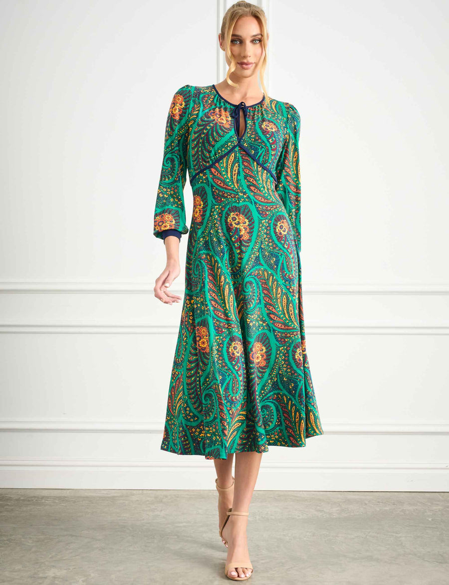 Archie 'Peacock Parade' Empire Line Midi Dress