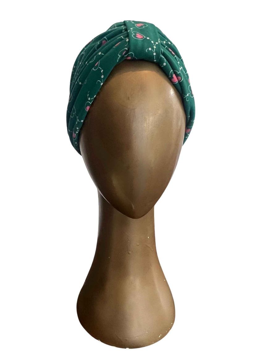 Printed Jersey Hair Turban 'Love Hearts' Teal